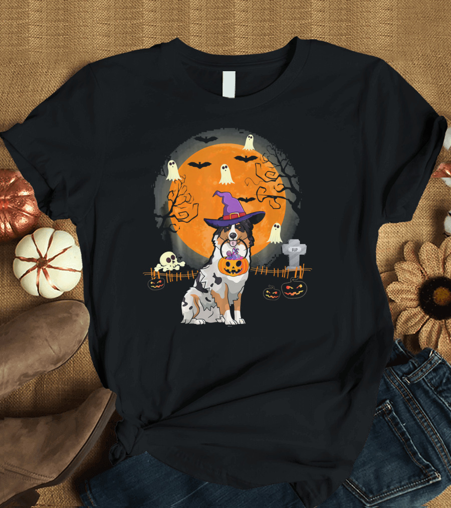 Australian Shepherd Dog Halloween Witch Pumpkin and Ghosts T-Shirt