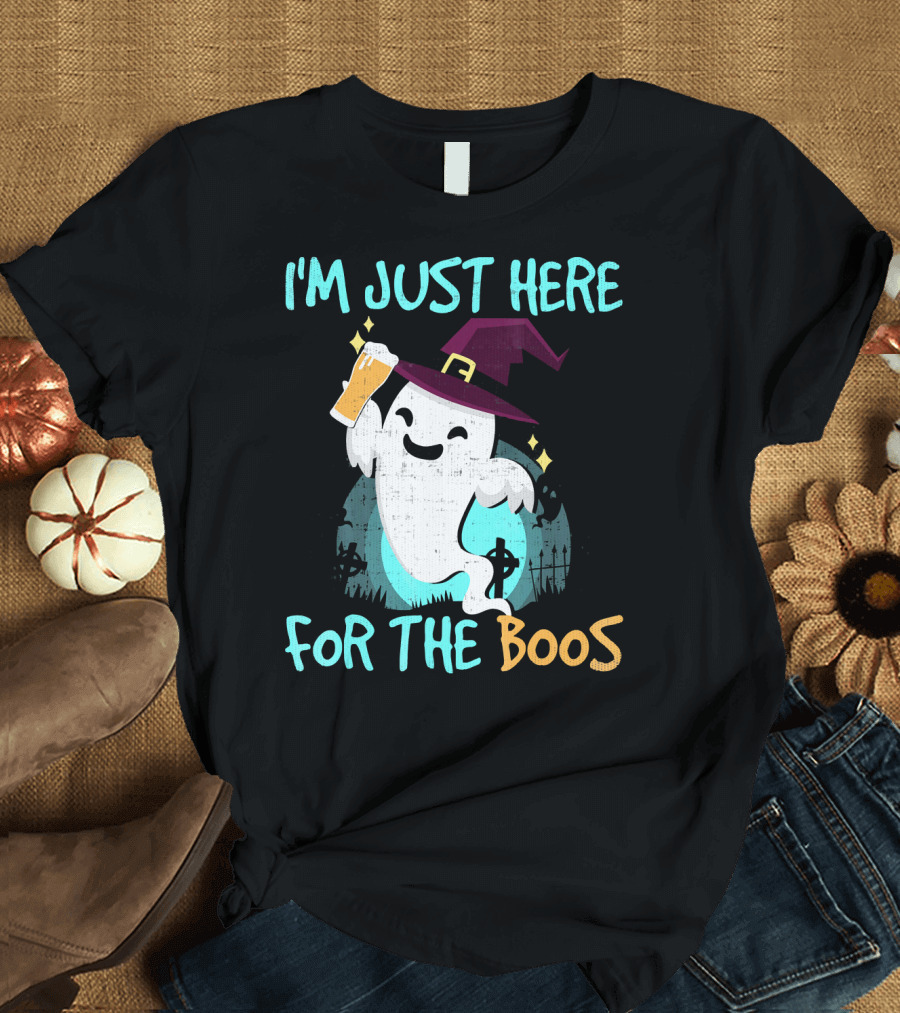 I'm Just Here For The Boos Ghost with Witch Hat and Beer T-Shirt