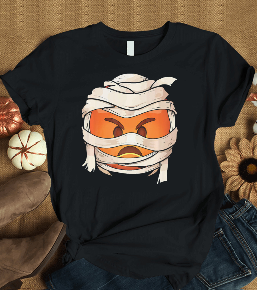 Pouting Face Mummy Emoji Halloween Wrapped in Bandages T-Shirt