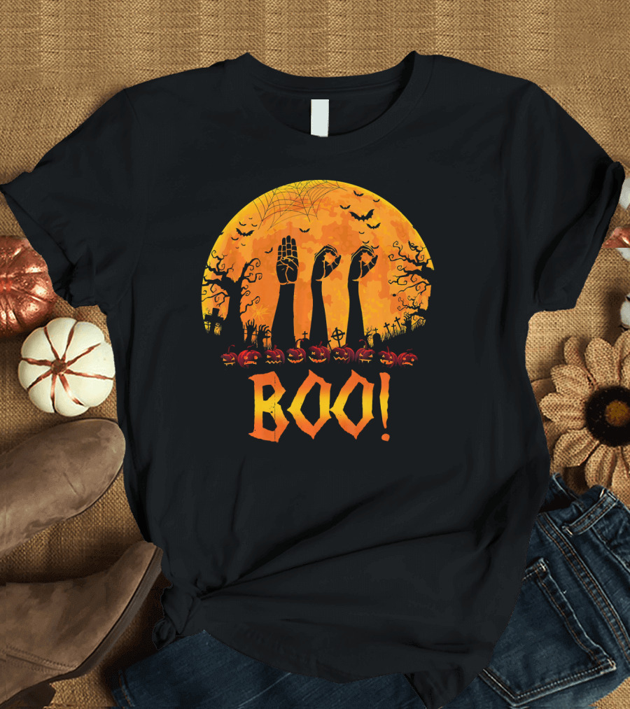 BOO ASL Sign Language with Zombie Hands and Spooky Halloween Moon T-Shirt