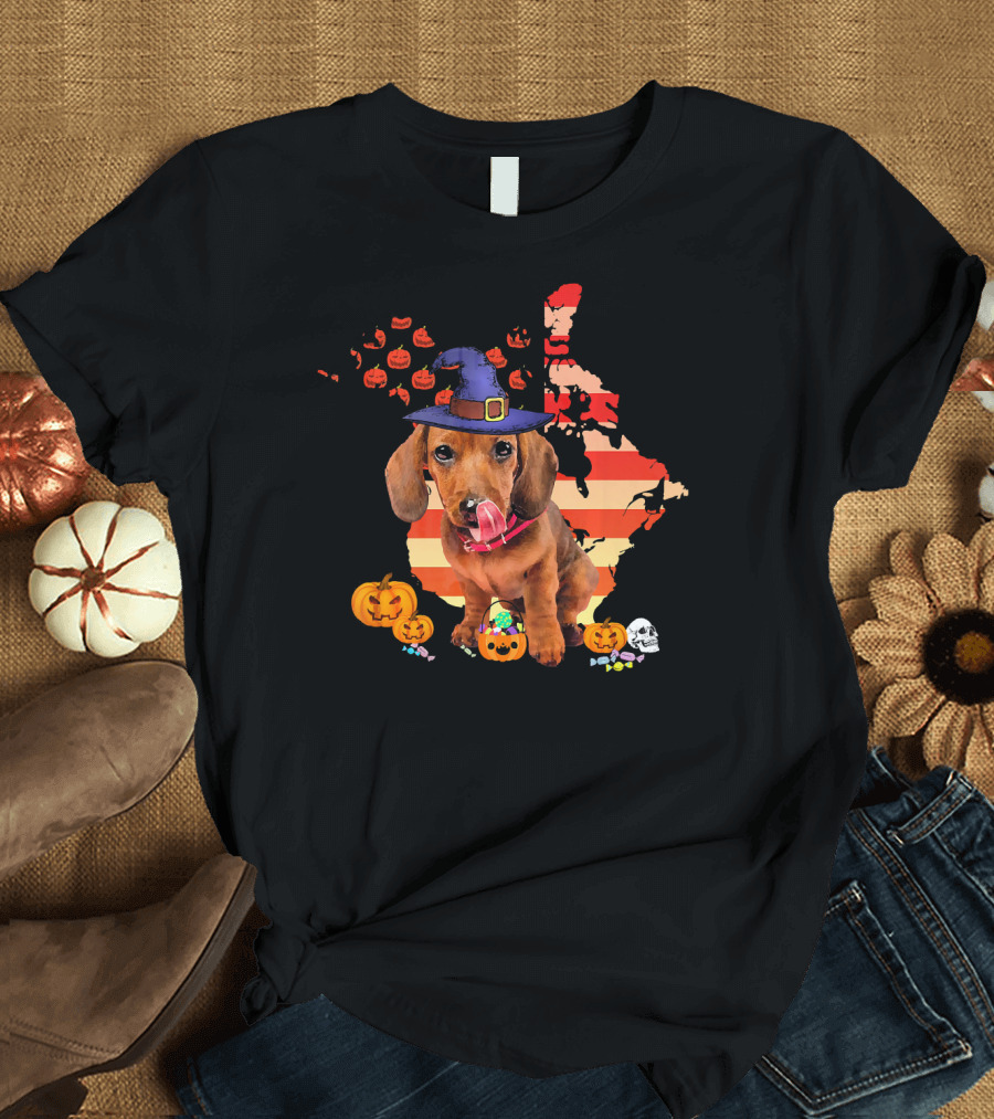 Halloween Witch Hat Daschund Dog with Pumpkin and Candy Canada Map T-Shirt
