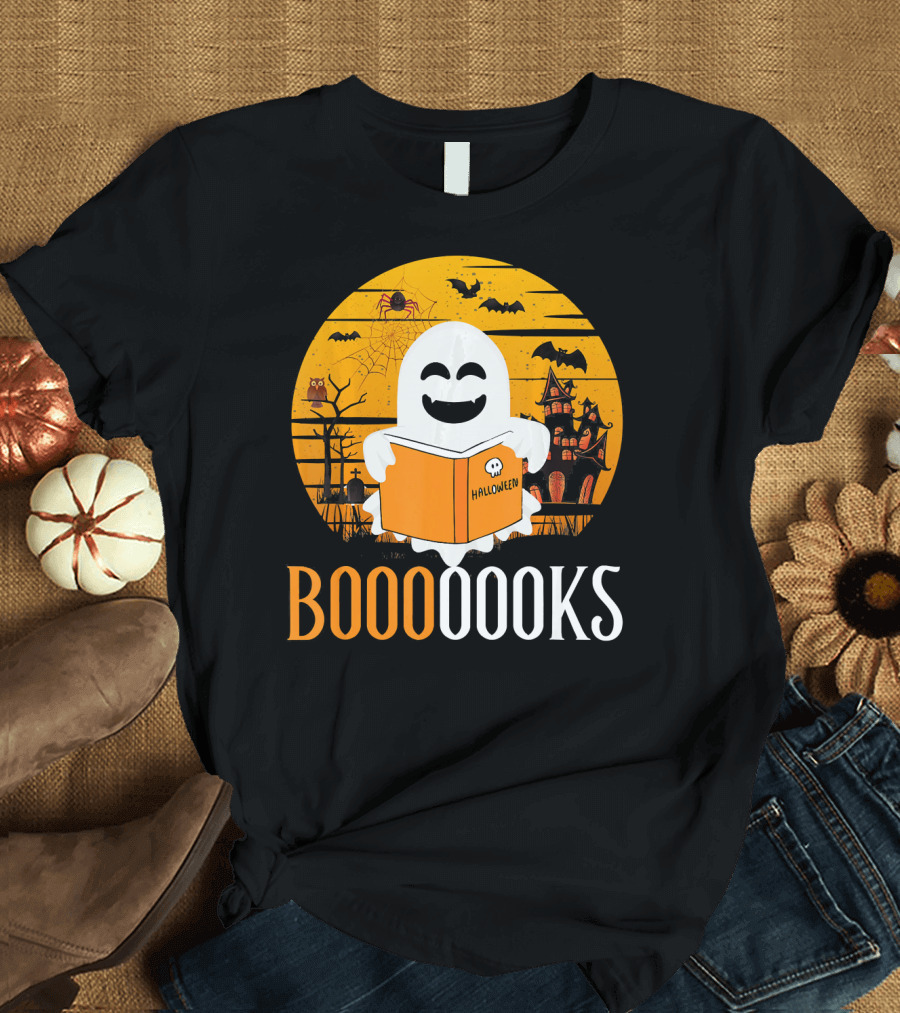 Booooooks Boo Read Books Funny Nerd Halloween Ghost Reading T-Shirt