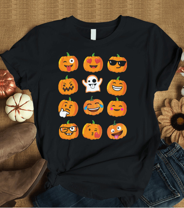 T-Shirt: Emoji Faces Pumpkins and Ghost Halloween T-Shirt Emoji Faces Pumpkins and Ghost Halloween T-Shirt