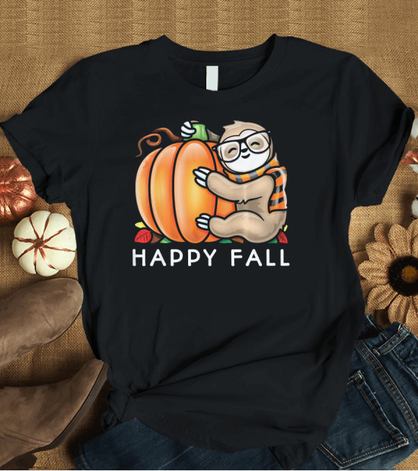 T-Shirt: Happy Fall Cute Sloth Glasses Scarf Pumpkin Hug T-Shirt Happy Fall Cute Sloth Glasses Scarf Pumpkin Hug T-Shirt