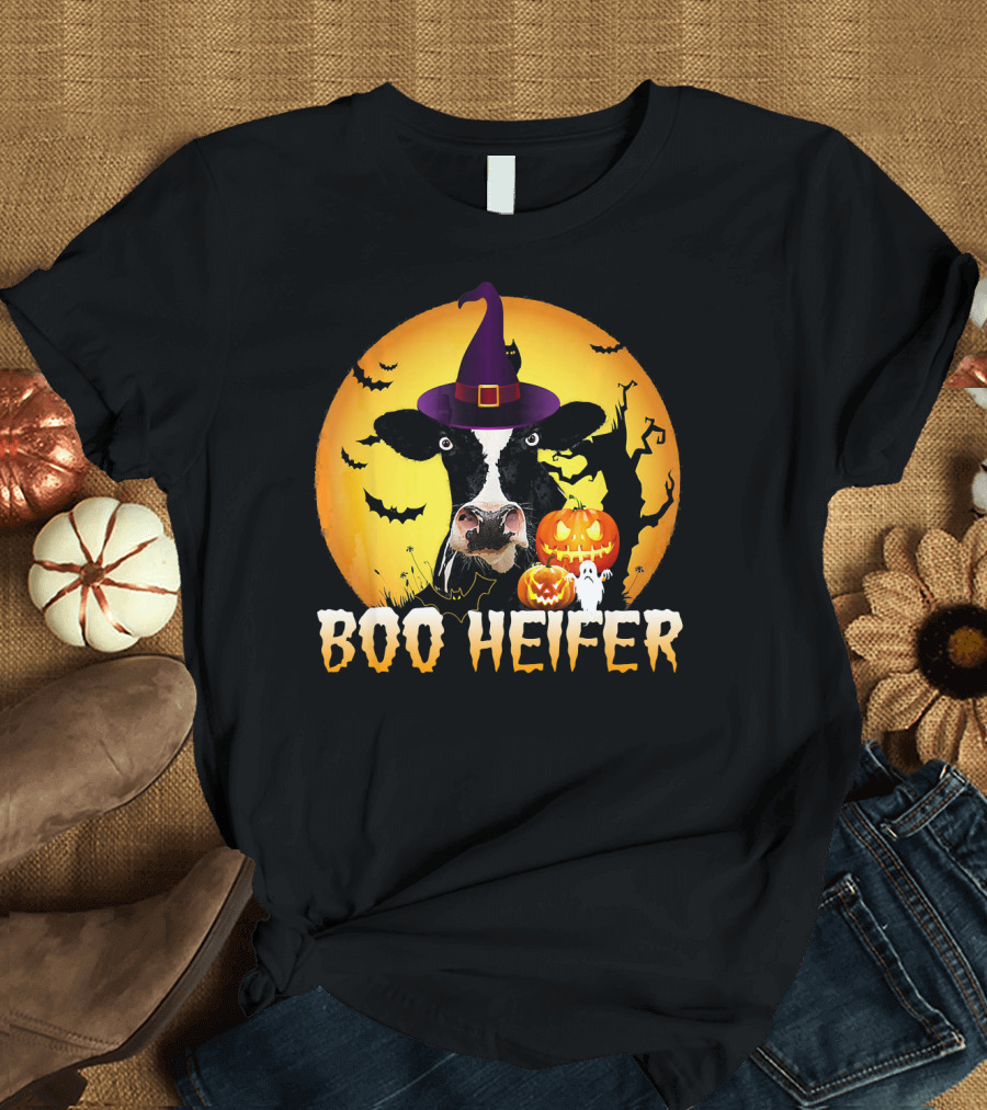 Boo Heifer Witch Hat Cow Halloween Moon Pumpkins Ghost T-Shirt