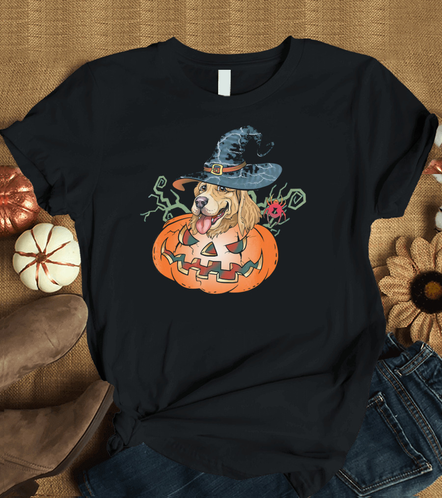 Halloween Golden Retriever Dog Lover Pumpkin Wizard Hat and Spider T-Shirt