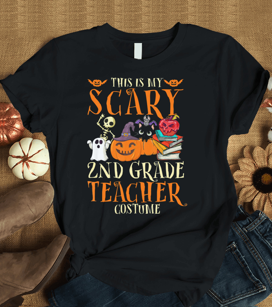 This Is My Scary 2nd Grade Teacher Costume Halloween Pumpkins Ghosts Books Skeletons T-Shirt