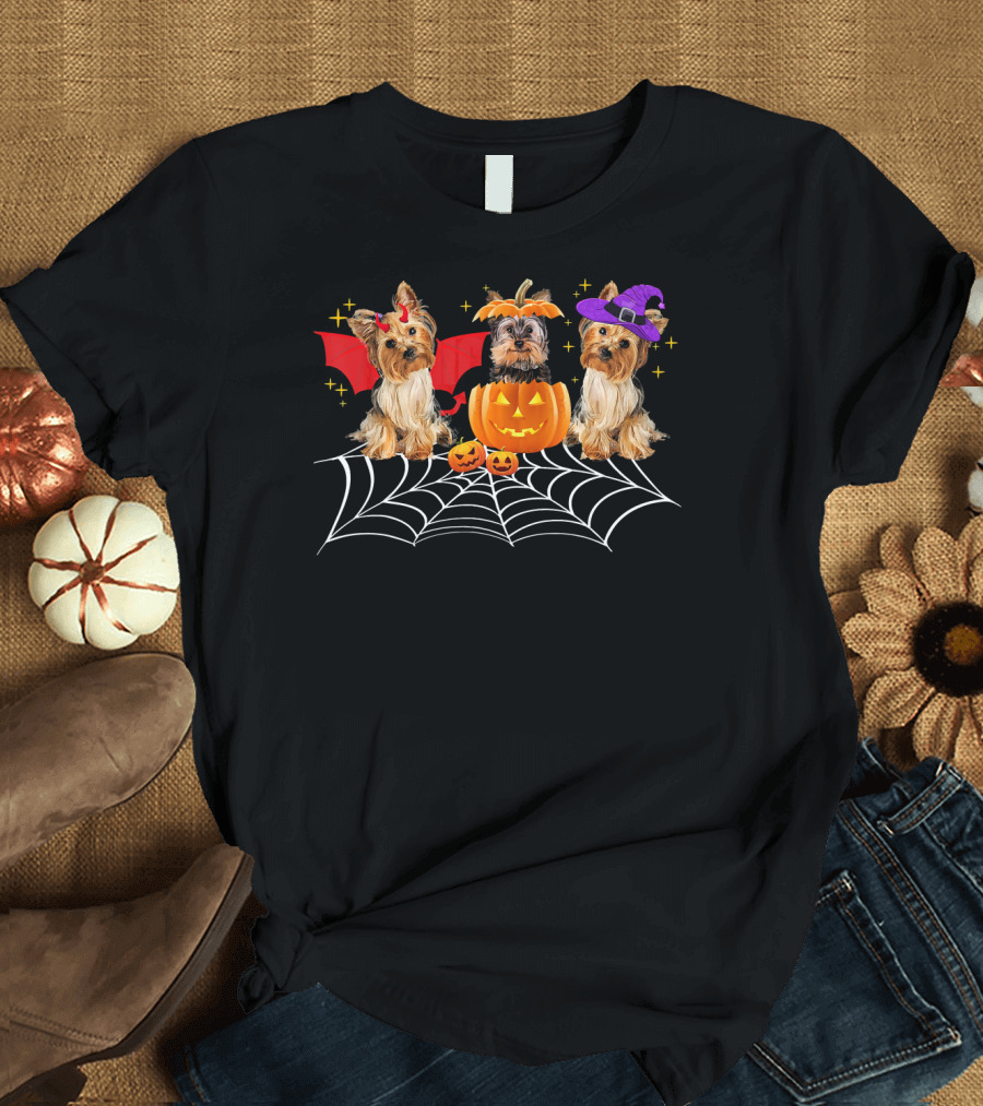 Halloween Yorkshire Terriers Pumpkin Bat Witch Spider Web T-Shirt