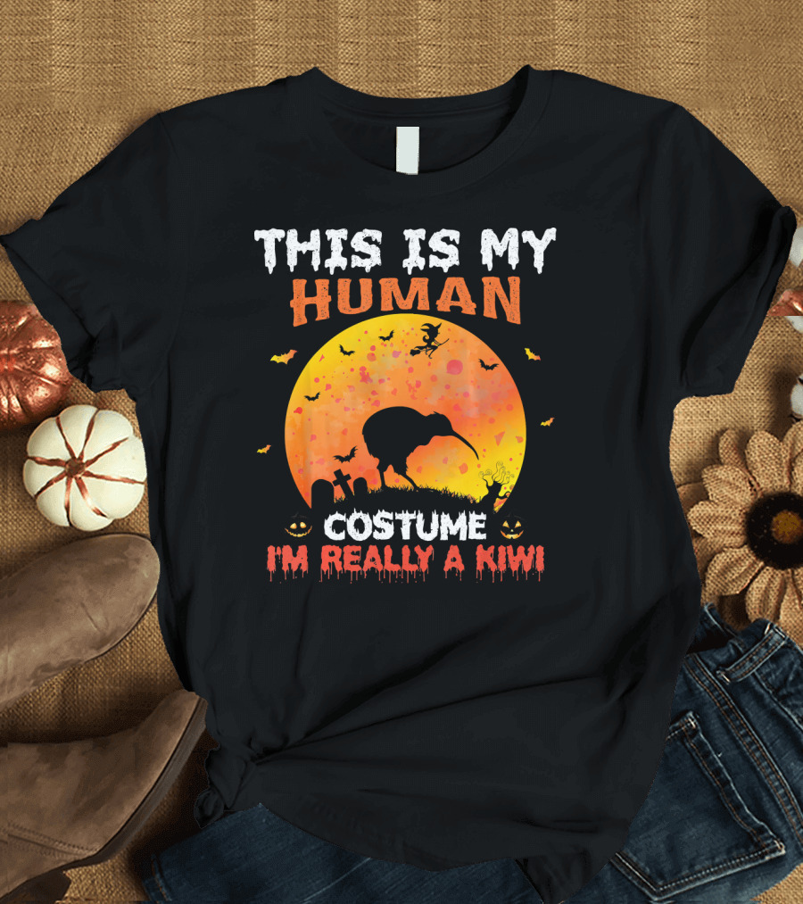 THIS IS MY HUMAN COSTUME I'M REALLY A KIWI Halloween Theme with Witch and Bats T-Shirt