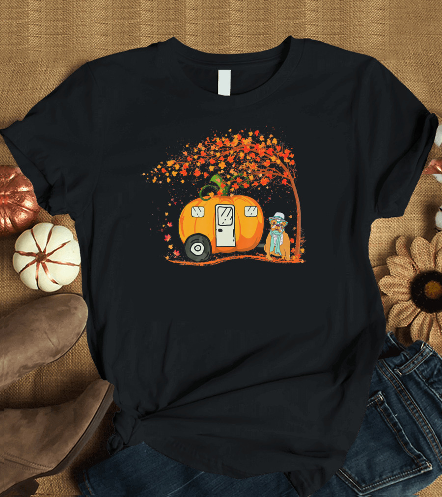 Bulldog with Pumpkin Camping Van Under Autumn Tree T-Shirt