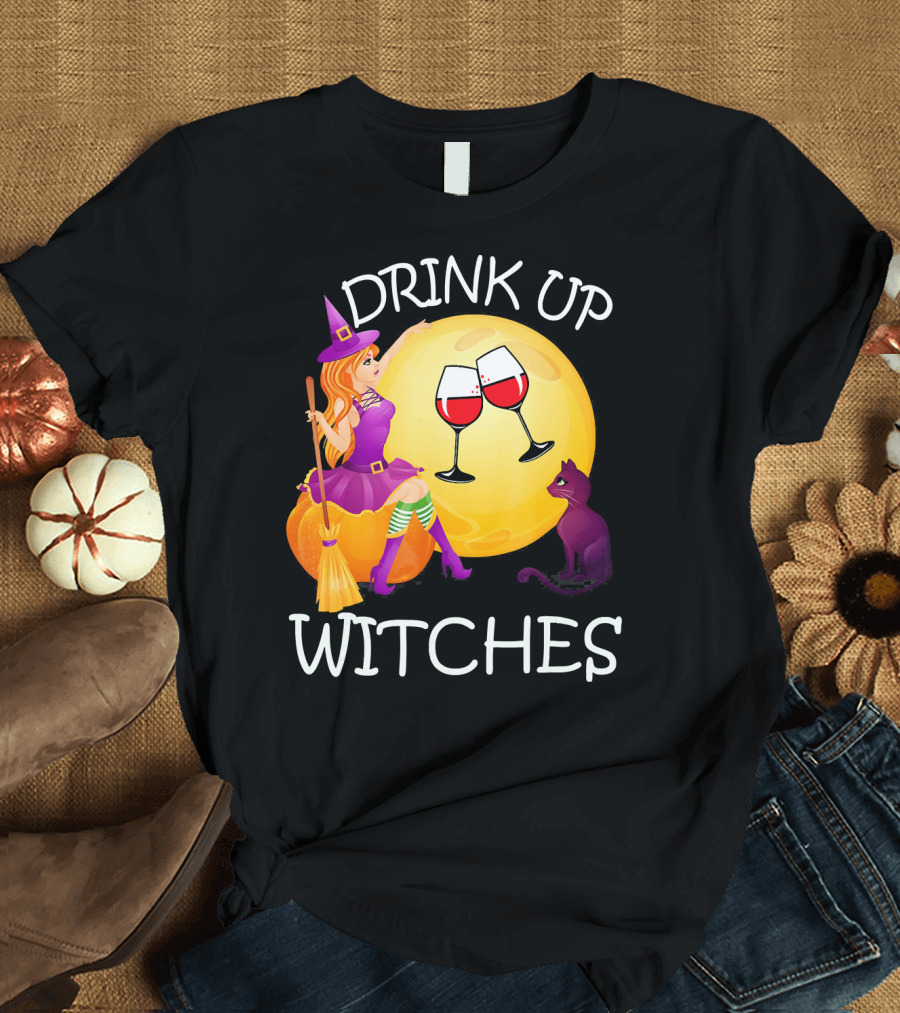 Drink Up Witches Halloween Wine Moon Cat Broomsticks T-Shirt