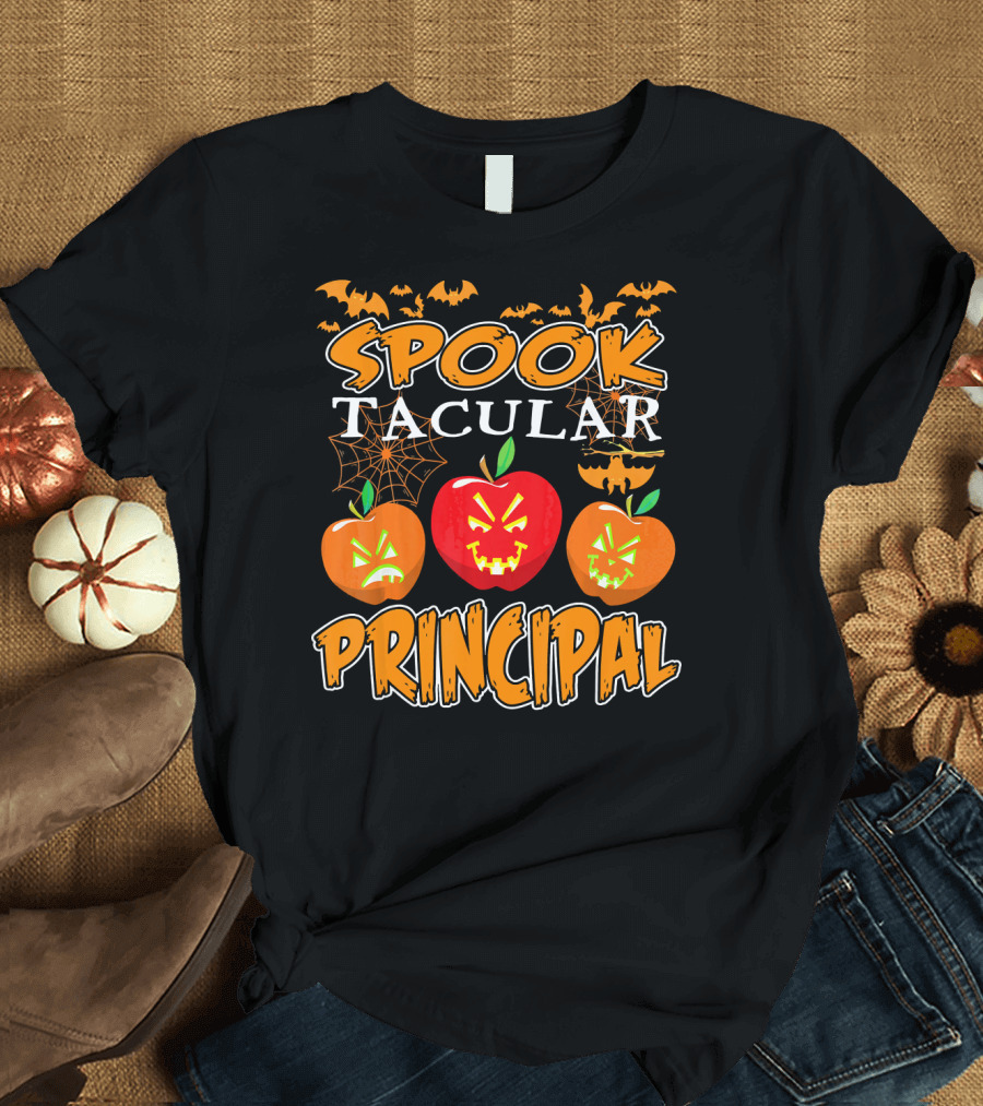 Spooktacular Principal Halloween Pumpkins and Bats T-Shirt