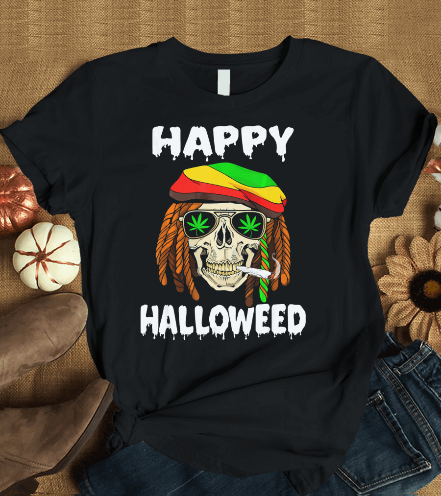 Happy Halloweed Smoking Rasta Skull with Cannabis Sunglasses T-Shirt