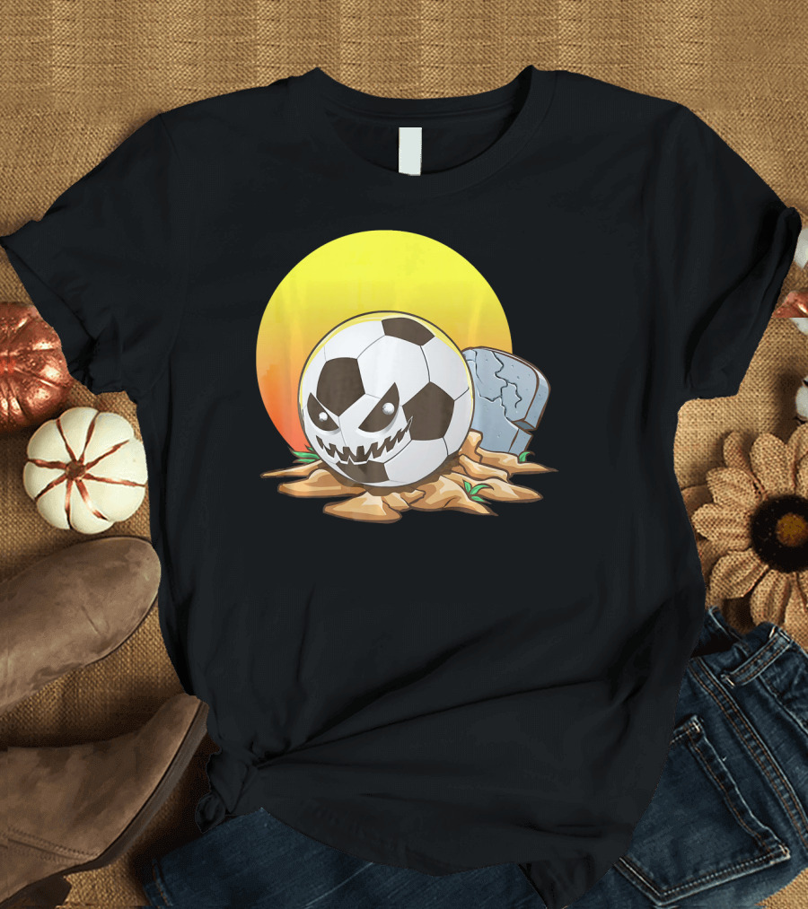 Soccer Halloween Goal with Spooky Jack-O'-Lantern Face and Graveyard Scene T-Shirt
