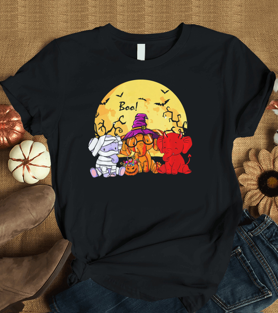 Boo Three Elephants Halloween Costume Party with Moon and Bats T-Shirt
