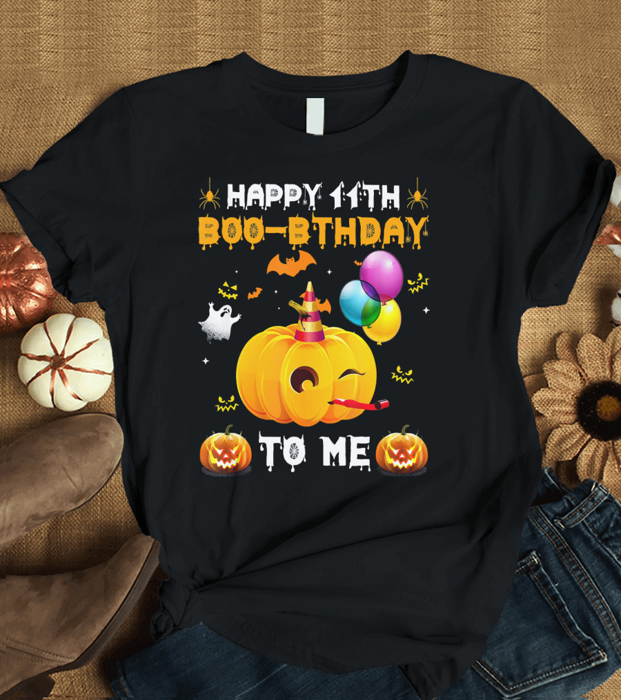 Happy 11th Boo-Pthday to Me Halloween Pumpkin and Balloons T-Shirt