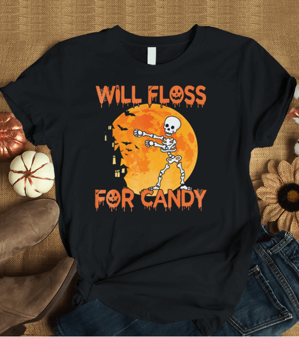 T-Shirt: Will Floss For Candy Dancing Skeleton Halloween Moon Bats T-Shirt Will Floss For Candy Dancing Skeleton Halloween Moon Bats T-Shirt