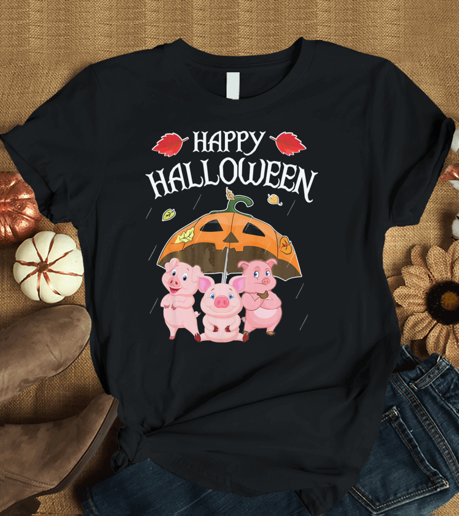 Happy Halloween Pigs Under Jack-o'-Lantern Umbrella T-Shirt