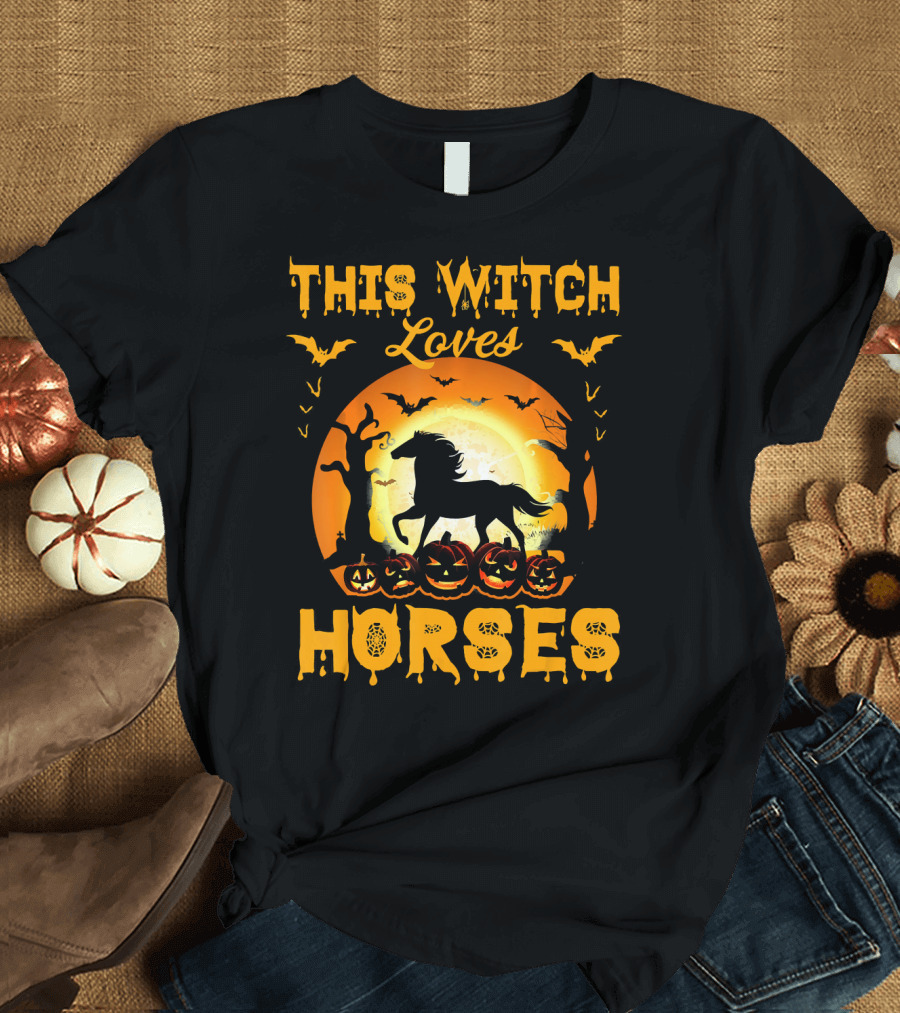 This Witch Loves Horses Halloween Moon and Pumpkins T-Shirt