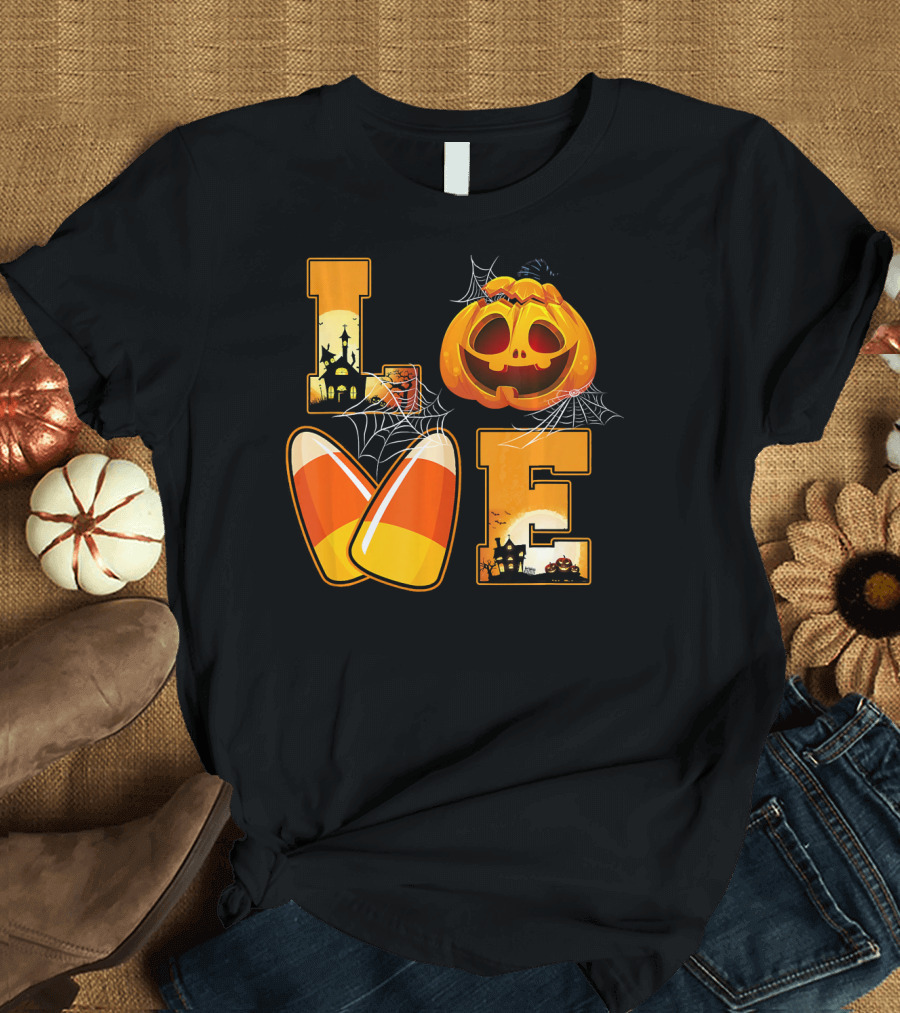 Love Candy Corn Pumpkin Halloween Spiderwebs T-Shirt