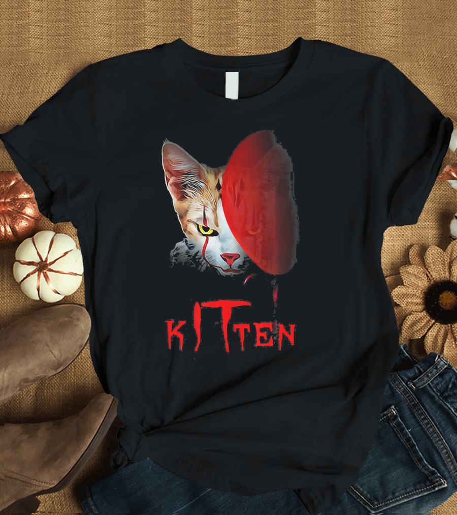 Kitten Cat Halloween Clown Red Balloon Horror T-Shirt
