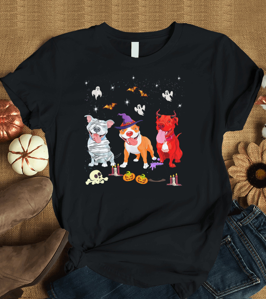 Three Pitbulls Halloween Ghosts Bats Pumpkins Candles Skulls Stars T-Shirt