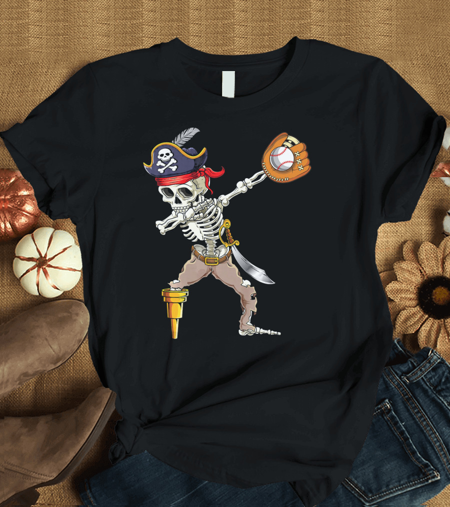 Pirate Skeleton Dabbing with Baseball Glove and Ball T-Shirt