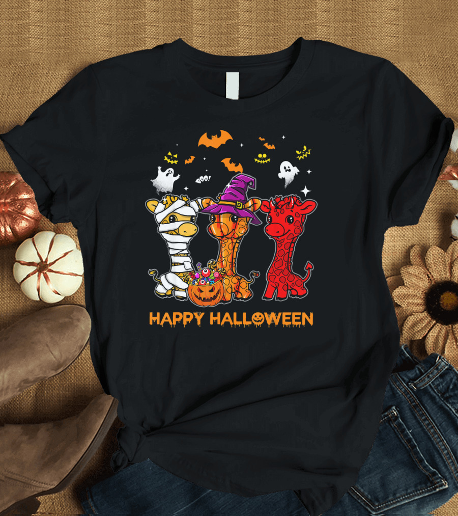 Giraffe Trio in Halloween Costumes with Ghosts and Pumpkin Candy Happy Halloween Cute Mum T-Shirt