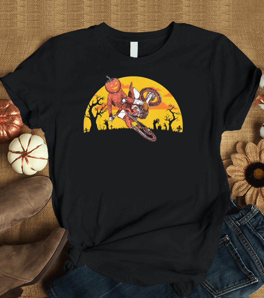 Halloween Pumpkin Head Motocross Trick with Haunted Trees and Sunset T-Shirt
