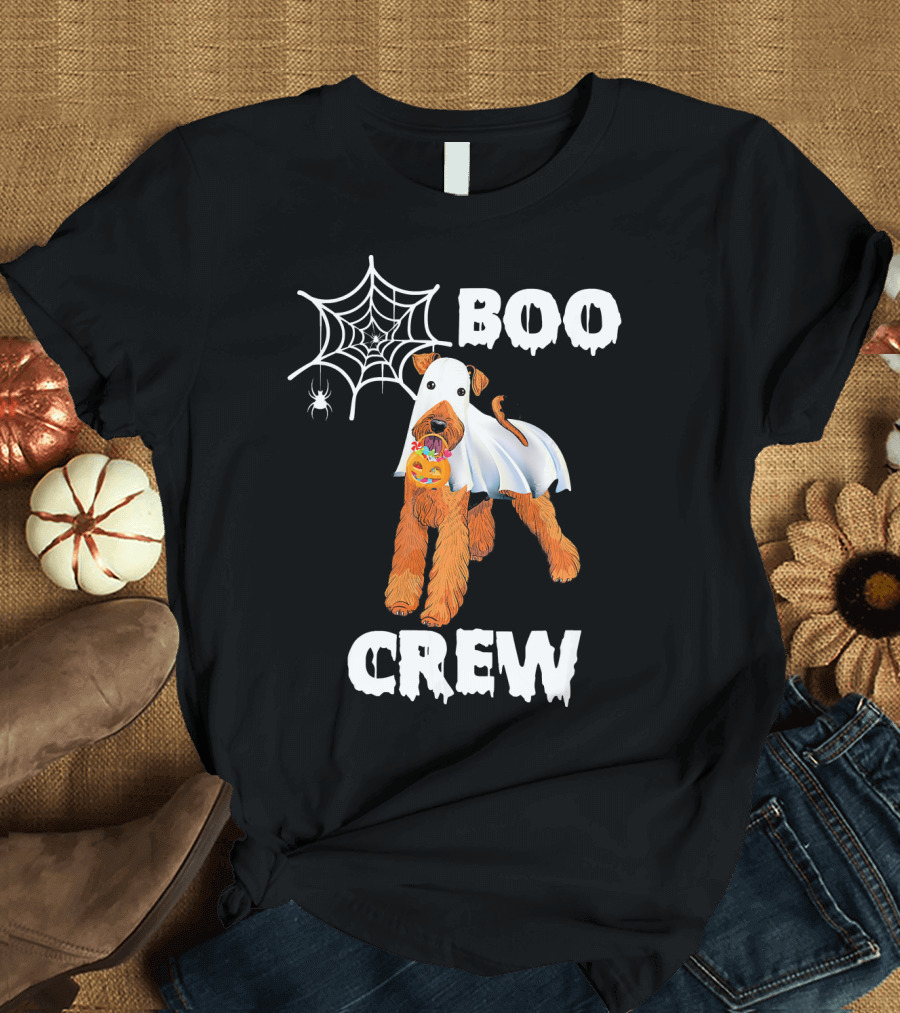 Airedale Terrier Boo Crew Halloween Ghost Costume with Spider Web and Pumpkin T-Shirt