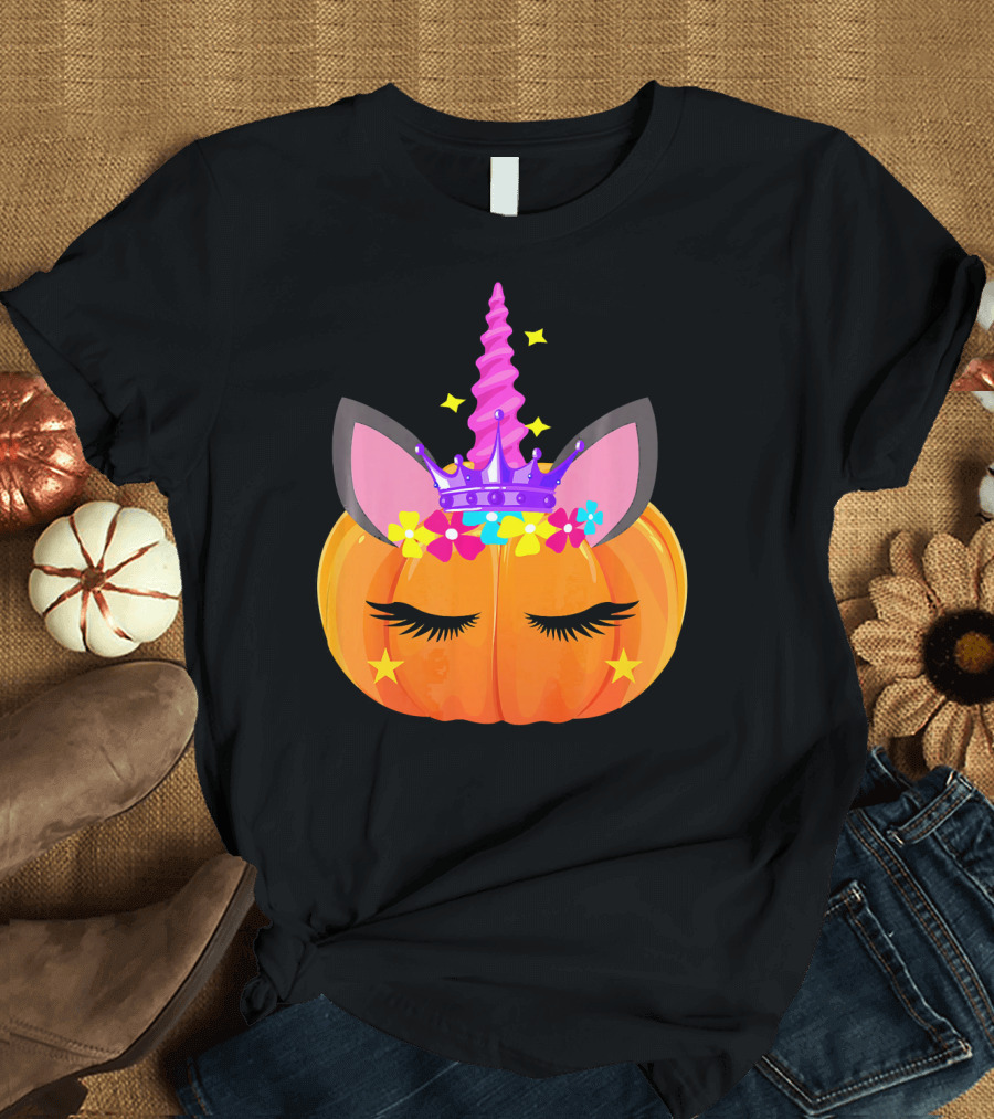Halloween Pumpkin Unicorn with Floral Crown and Stars T-Shirt