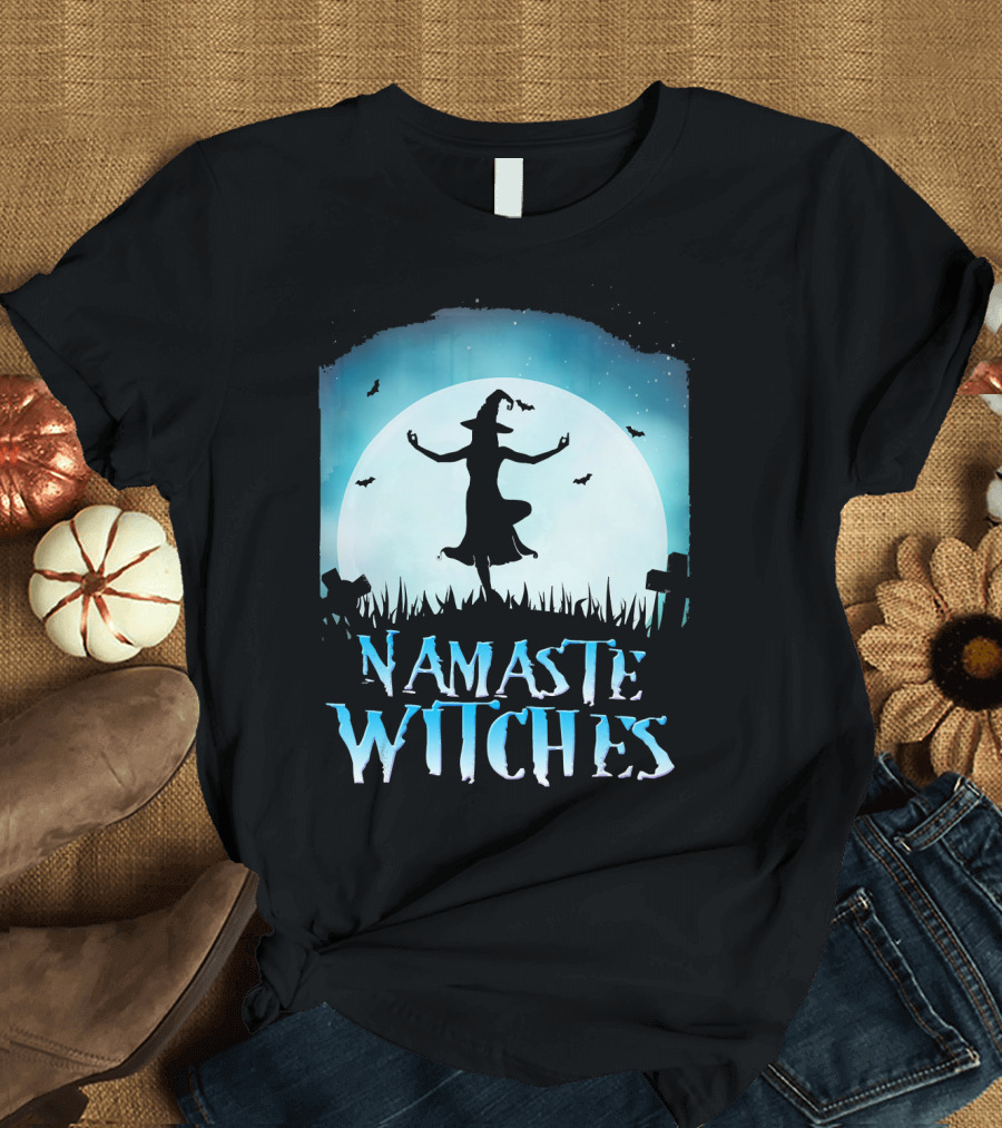 Namaste Witches Yoga Moonlit Halloween Scene with Dancing Witch and Bats T-Shirt