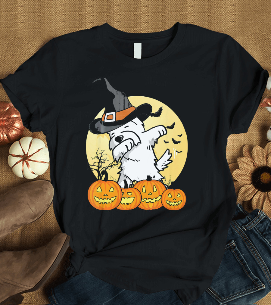 Funny Dabbing Westie Witch with Pumpkins and Bats Halloween Dog Dance T-Shirt