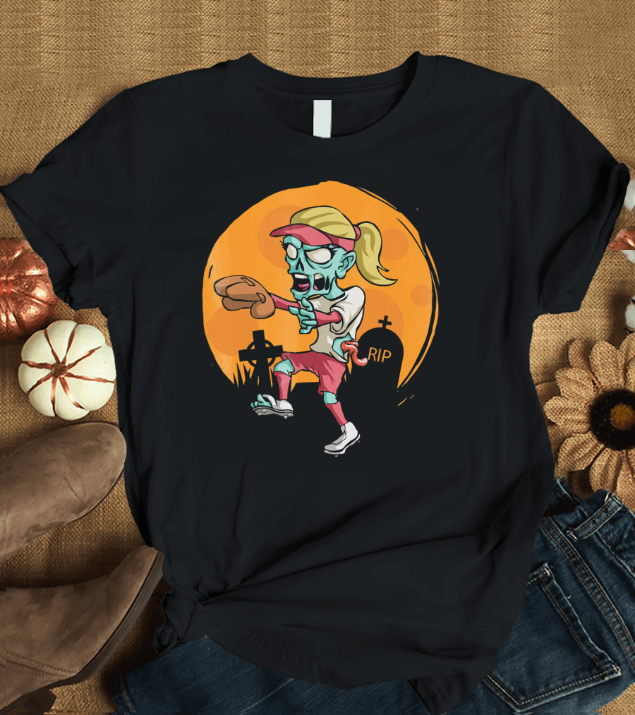 Zombie Softball Graveyard Halloween Background T-Shirt