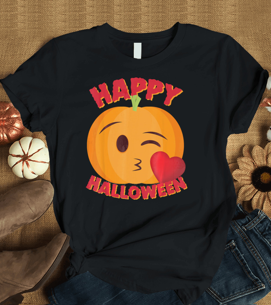 Happy Halloween Blowing Kiss Emoji Pumpkin T-Shirt