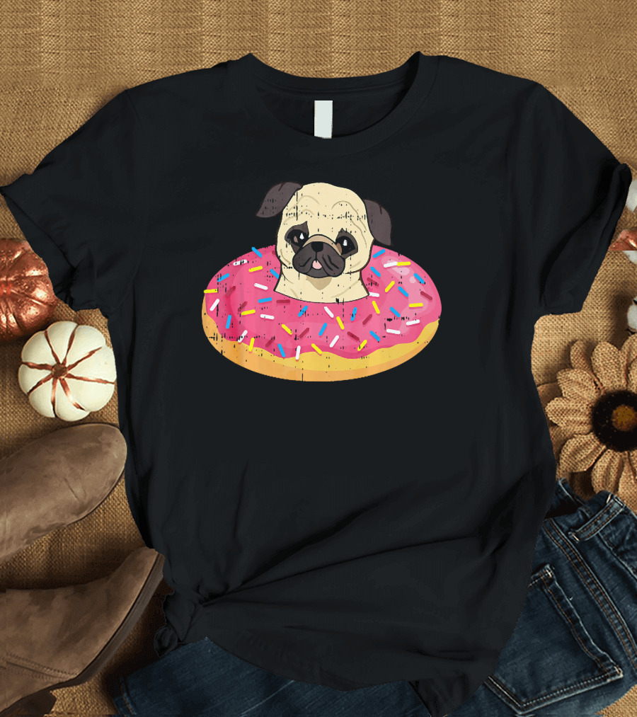 Pug Dog in Colorful Sprinkle Doughnut Floatie Pet Donut Cute T-Shirt
