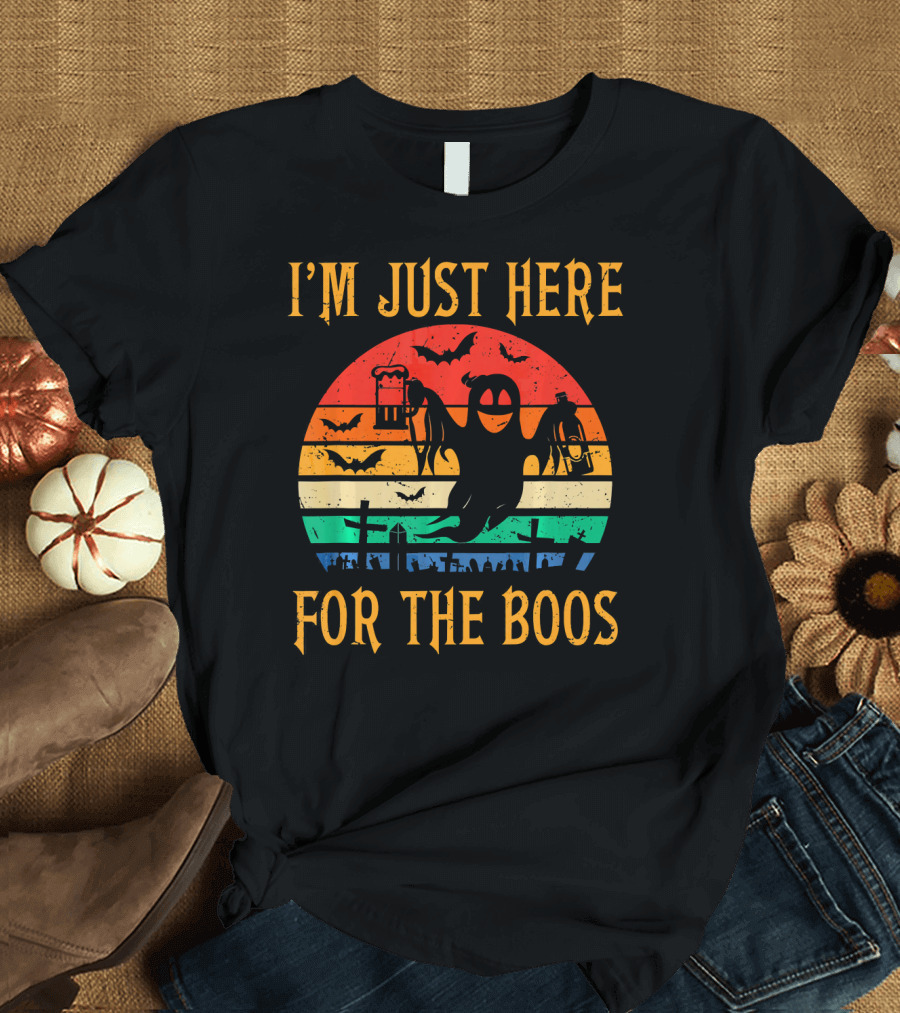 I'm Just Here For The Boos Halloween Ghost and Bats Retro Sunset T-Shirt