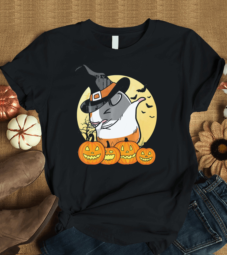 Witch Hat Dabbing Guinea Pig Halloween Pumpkins and Bats Moon Dance T-Shirt