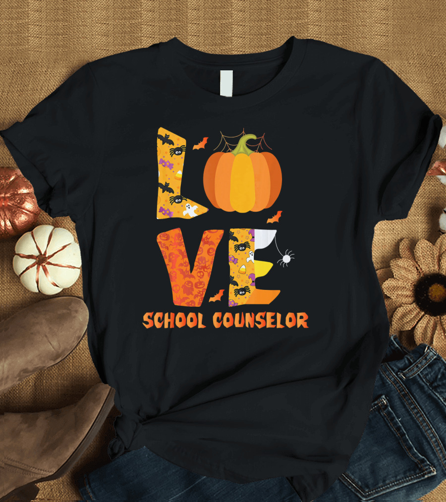 Halloween Love School Counselor Pumpkin Ghost Spider T-Shirt