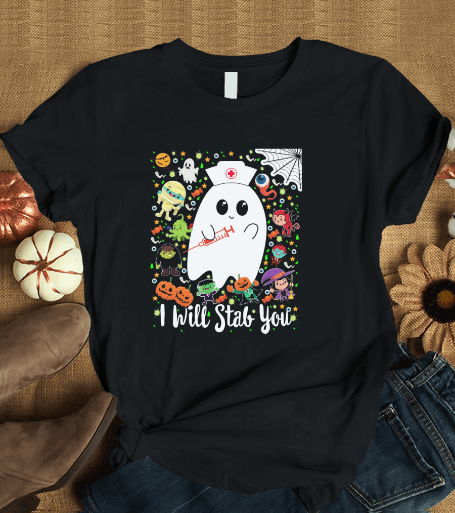 I Will Stab You Funny Halloween Ghost Nurse with Syringe Surrounded by Monsters Pumpkins and Web T-Shirt