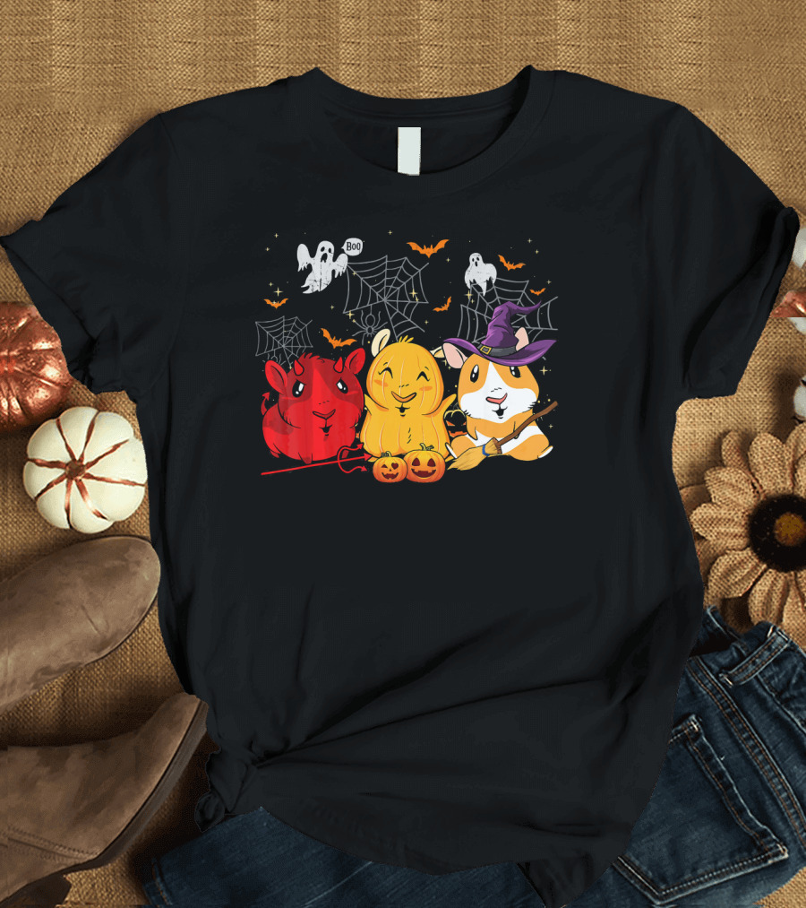 Halloween Funny Guinea Pigs in Costumes with Ghosts and Spiderwebs T-Shirt