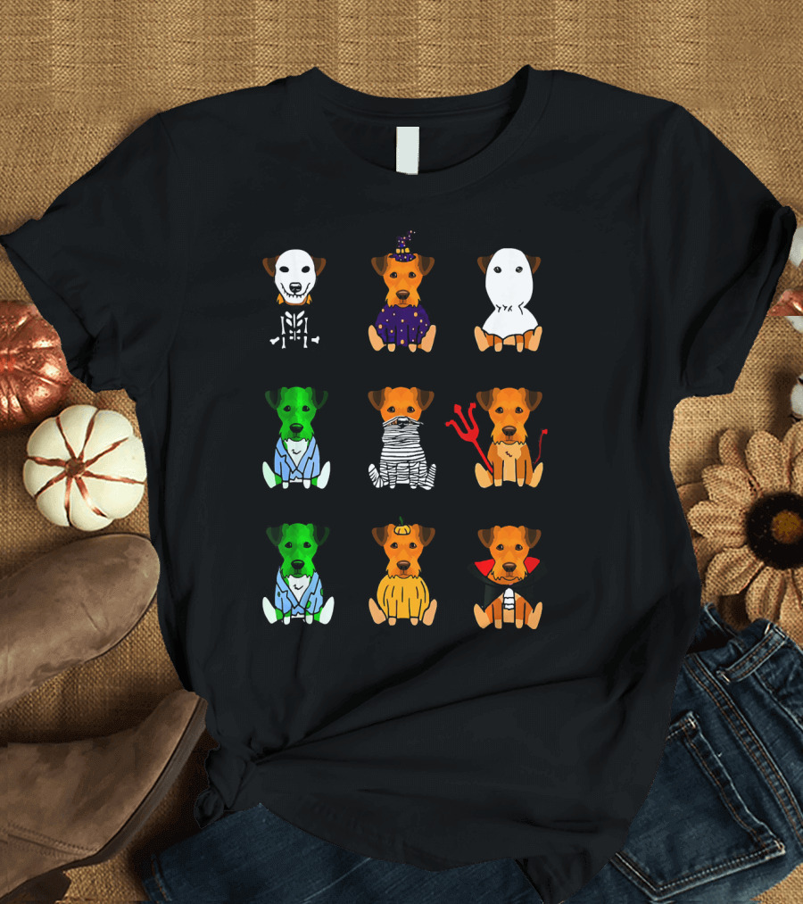 Airedale Terrier Halloween Costumes Skeleton Witch Ghost Zombie Mummy Devil Pumpkin Dracula T-Shirt