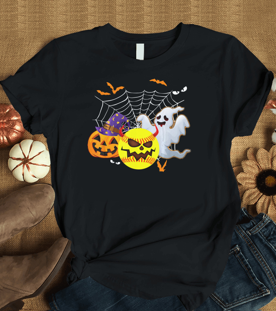 Halloween Softball Pumpkin Ghost Cobwebs and Bats Fun T-Shirt