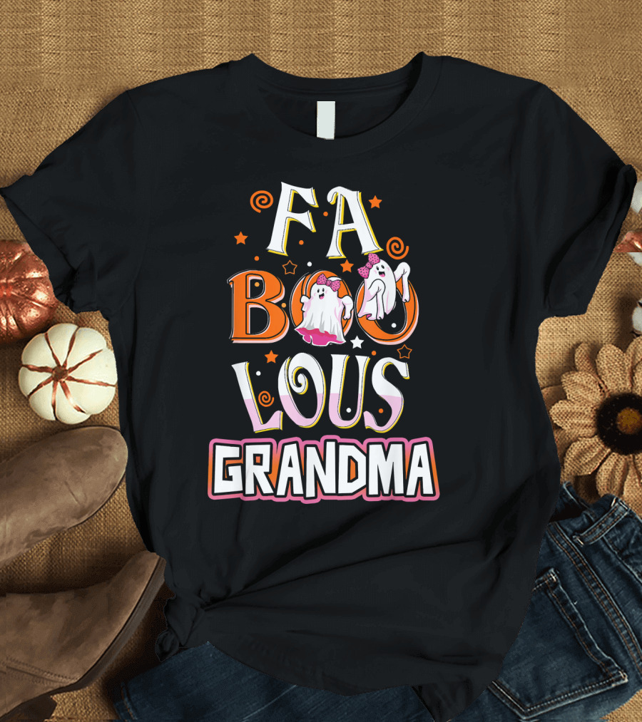 FA BOO Lous Grandma Ghosts with Bows Spirals and Stars T-Shirt