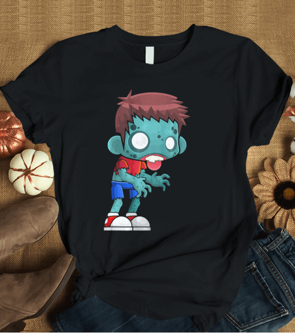 T-Shirt: Zombie Boy Cartoon Character with Red Shirt and Blue Shorts T-Shirt Zombie Boy Cartoon Character with Red Shirt and Blue Shorts T-Shirt