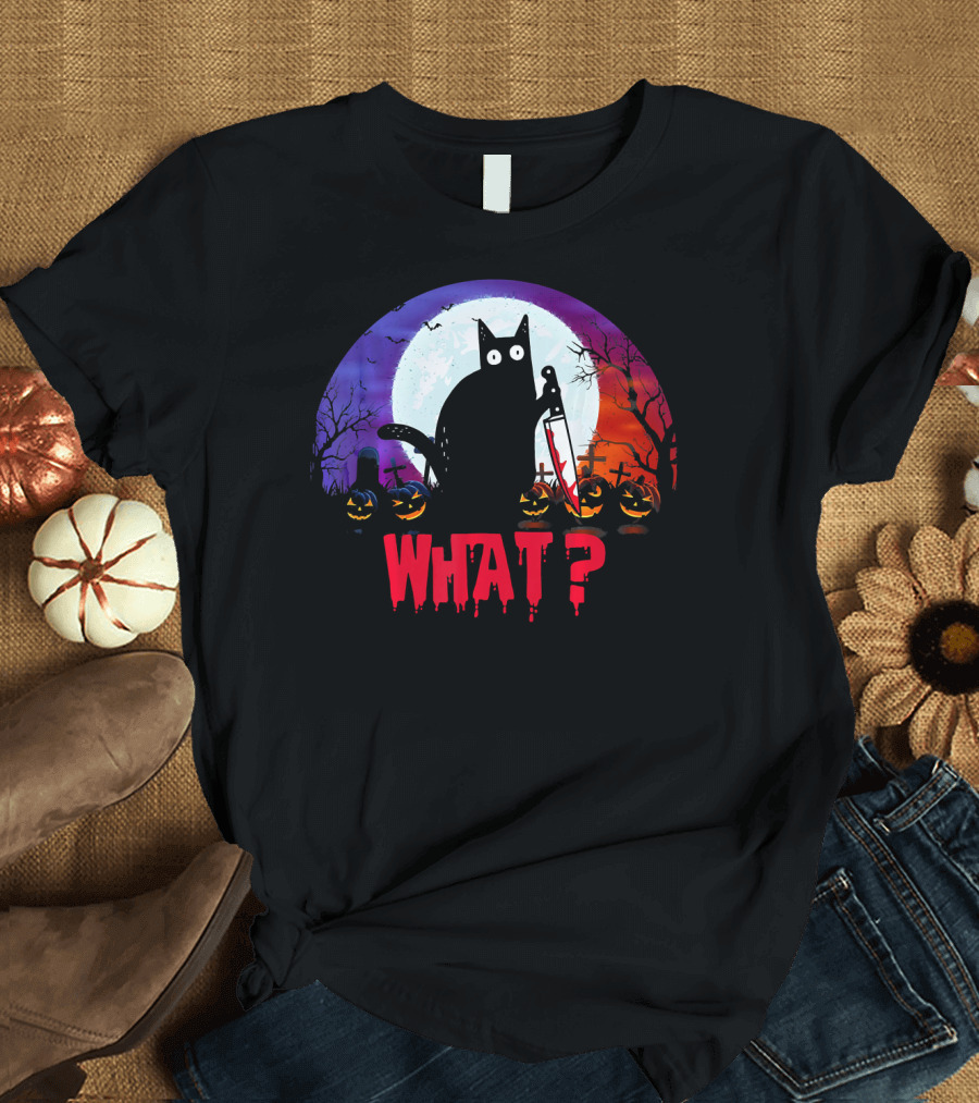What Murderous Black Cat With Knife Halloween Moon Tombstones Pumpkins T-Shirt