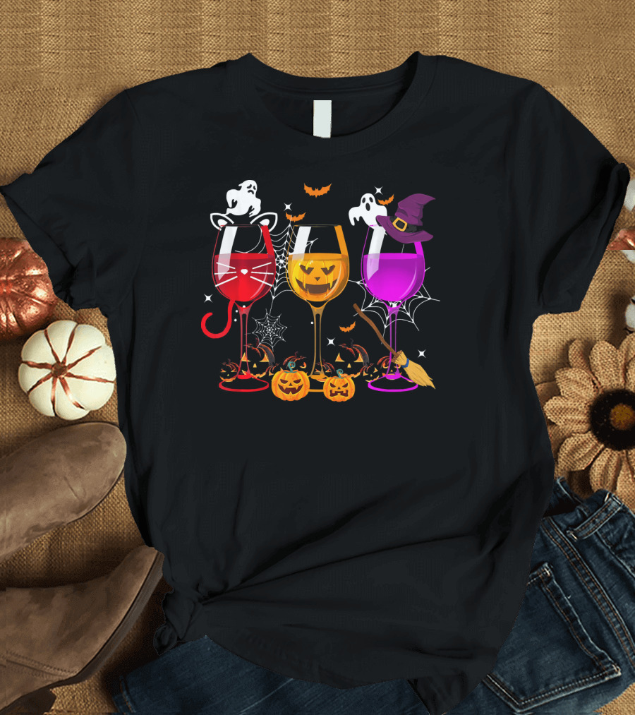 Halloween Ghost Cat Witch Pumpkin Three Glasses Of Wine T-Shirt