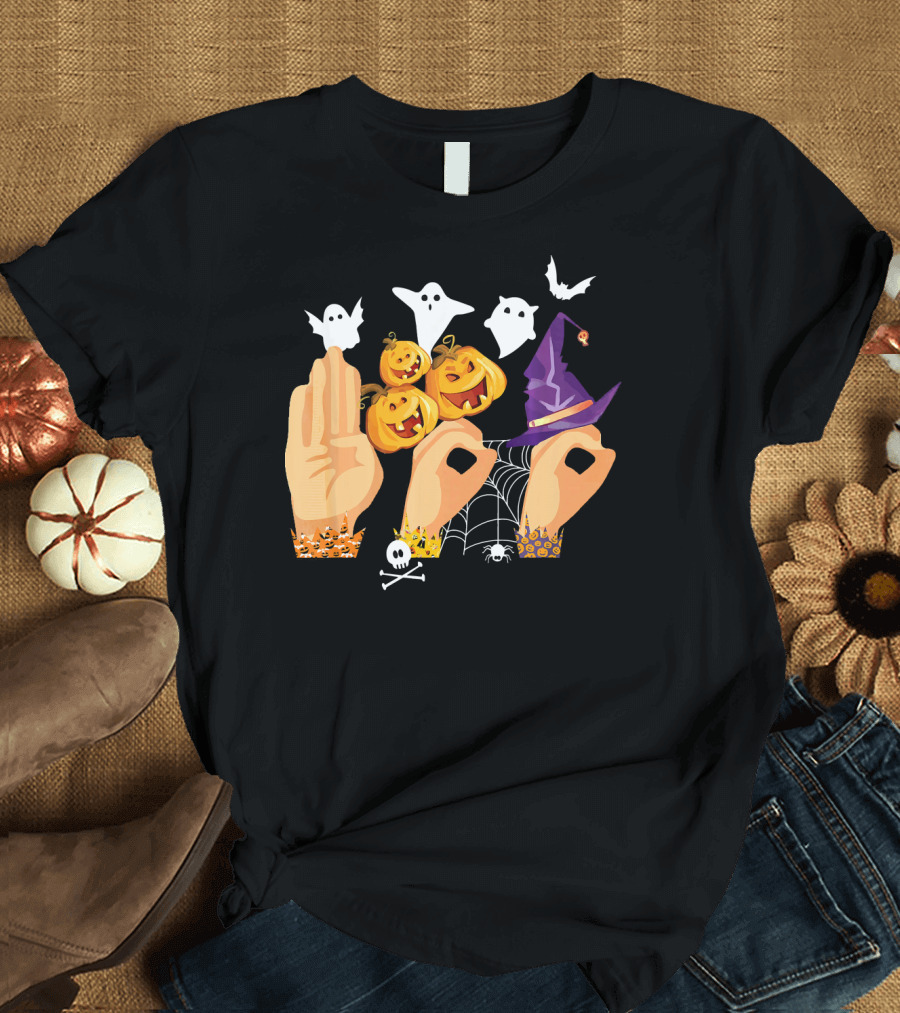 ASL Boo Sign Language Ghosts Pumpkins Witch Hat Halloween T-Shirt