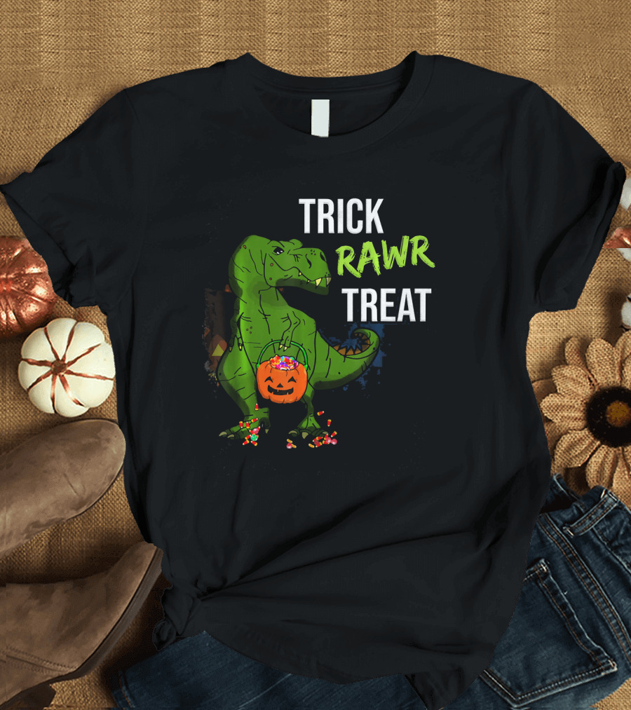 Trick Rawr Treat Halloween Rex Dinosaur with Candy and Pumpkin T-Shirt