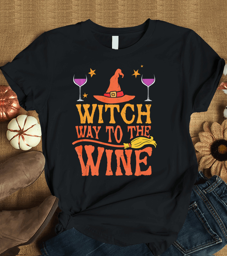 Witch Way To The Wine with Hat, Stars, Glasses, and Broomstick T-Shirt